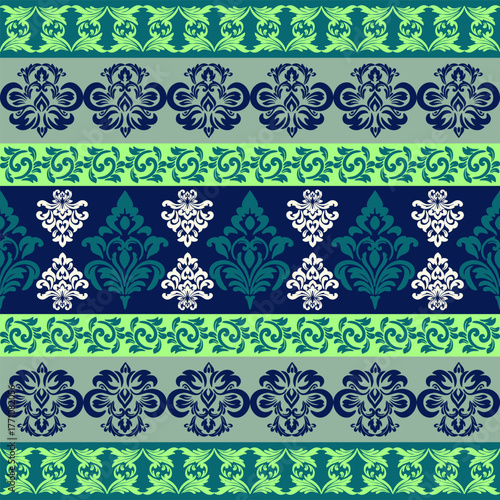 Elegant Damask and Scrollwork Seamless Pattern in Green and Blue Tones