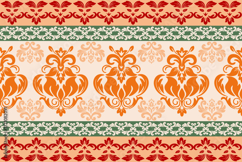 Ornate Orange and Red Damask Decorative Border Pattern