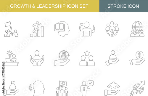 Business Growth and Leadership Icon Set | Success, Teamwork, Motivation, Innovation, Learning, Finance, Support, Goal Icons Collection