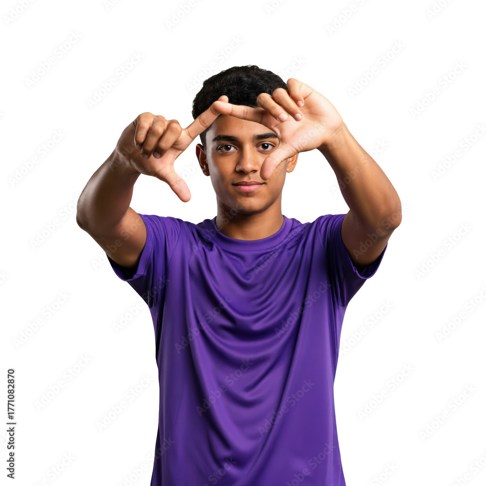Fototapeta premium Young African American man in a purple t-shirt making a camera frame gesture with his hands, looking directly at the viewer with a focused expression on a transparent background.