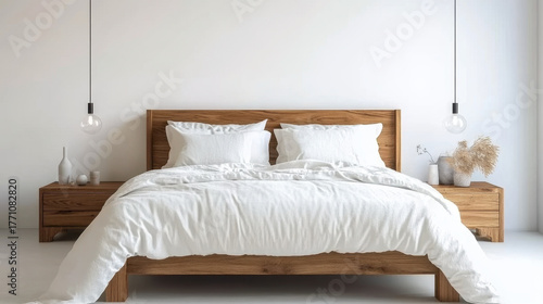 Minimalist bedroom interior design with wooden bed furniture white bedding and home accessories empty wall mockup