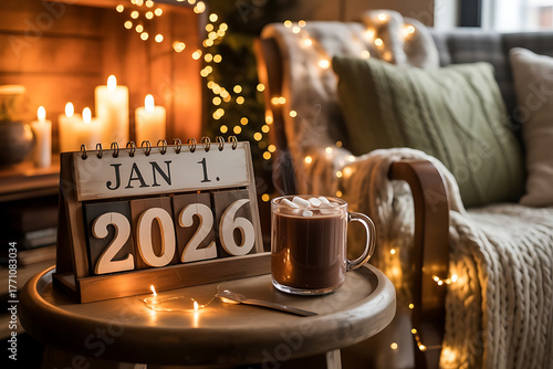 Cozy new year s eve celebration with hot chocolate and festive lights