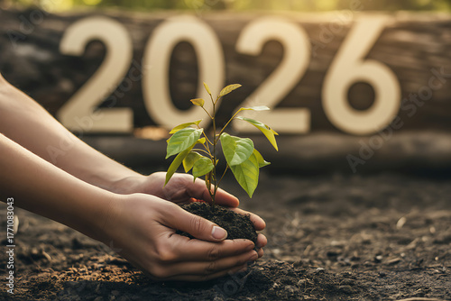 Hands planting a seedling with the year 2026 in the background