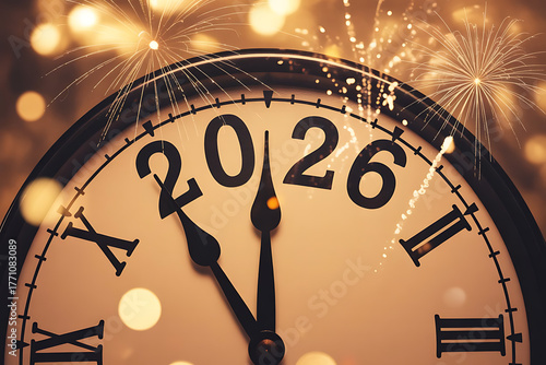 Close up of a clock face showing the year 2026 with fireworks and bokeh lights