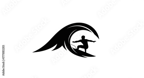 Silhouette of a surfer riding a wave with arms outstretched on a white background showing the sport