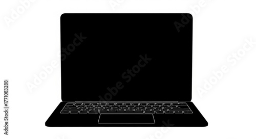 A minimalist illustration of a laptop with a black screen and a white outline on a white background
