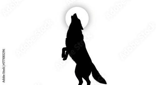 Silhouette of a wolf howling at the moon on its hind legs against a white background with a bright moon