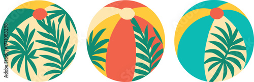 Fun Summer Beach Ball Set with Tropical Palm Leaves Vibrant Colors for Holiday and Vacation Themes