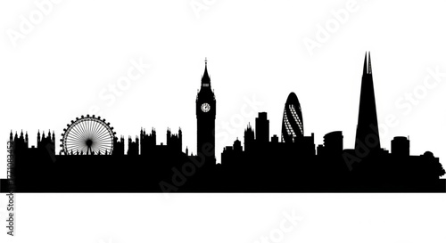 Silhouette of london skyline featuring big ben, london eye, and the shard building in monochrome style