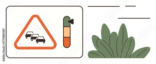 Traffic warning sign with cars in a triangular alert frame, congestion-level meter with green to red scale, adjacent to green leaves. Ideal for transportation, road safety, navigation, urban