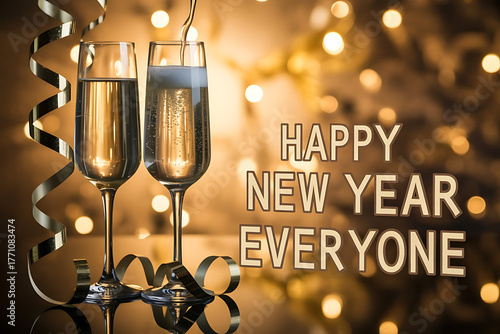 Champagne glasses and festive lights celebrate happy new year everyone