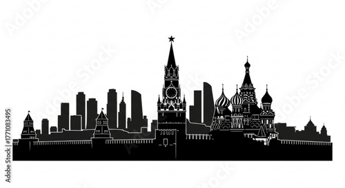 Silhouette of the moscow skyline with kremlin and saint basil's cathedral against a white background