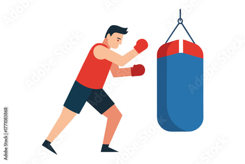 Boxer training with punching bag, sport and fitness concept