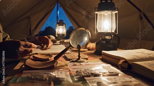 Archaeological Dig Site: Examining Artifacts Under Lantern Light in Tent