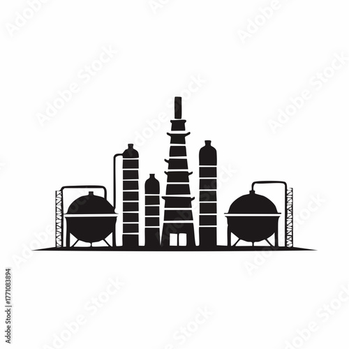 Stylized black vector silhouette of a refinery with tanks and chimneys, elegant smooth lines, clean white background, editable vector for minimalist 