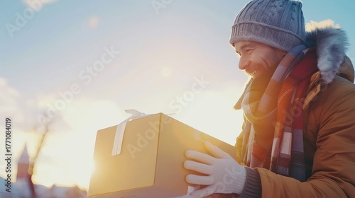 Happy man in winter clothes holding a gift box outdoors in sunny winter. Holiday season delivery concept.