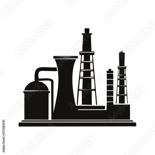 Stylized black vector silhouette of a factory building with tall chimneys and smooth clean lines, white background, editable for minimalist industrial logo design