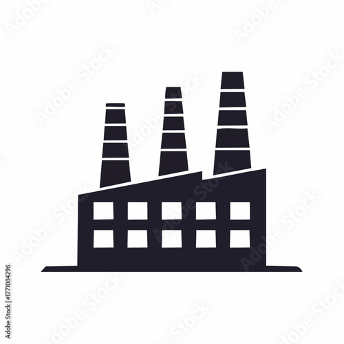 Stylized black vector silhouette of a factory building with tall chimneys and smooth clean lines, white background, editable for minimalist industrial logo design