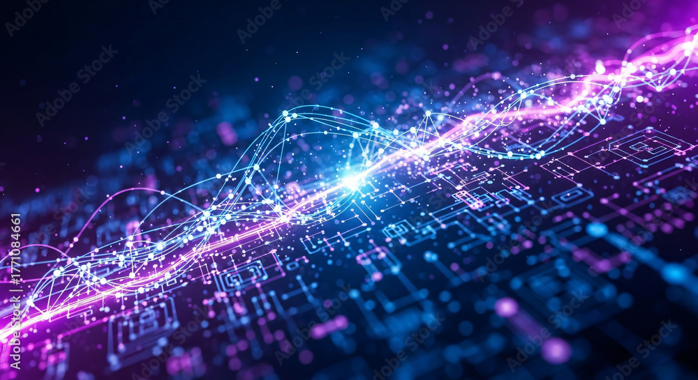 Obraz premium Futuristic Digital Data Stream Visualization Dynamic Abstract Representation of Advanced Technology, AI Networks, and Information Flow in a Vibrant Cyber Landscape