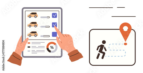 Hands evaluating car choices with options checklist and graph beside a map showing navigation route with destination marker. Ideal for travel, planning, goals, mobility, logistics, decision-making