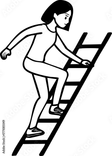 Vector illustration of a determined woman climbing up a ladder, a metaphor for achieving goals, career ambition, and step-by-step progress