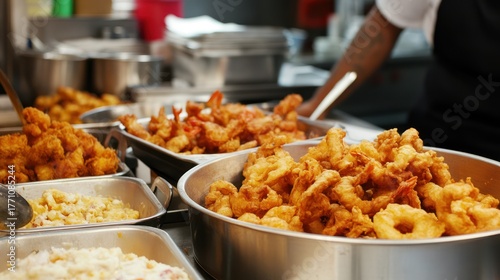 a vibrant portrayal showcasing an array of freshly prepared, golden-fried delights ready to be served in a bustling culinary setting