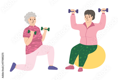 Elderly women doing sports exercises with dumbbells. Health exercise adult lady senoras on rehabilitation. characters old senoritas therapeutic fitness gymnastics, yoga class, Pilates vector design