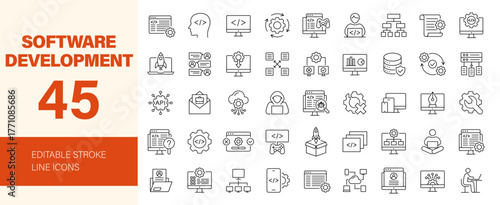 Software development icon set. Editable line icons. Vector illustration.