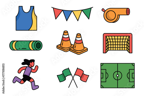 Colorful flat school sports vector icons showing school jersey, sports day banner, referee whistle, relay baton, training cones, academic athletics