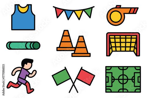 Colorful flat school sports vector icons showing school jersey, sports day banner, referee whistle, relay baton, training cones, academic athletics