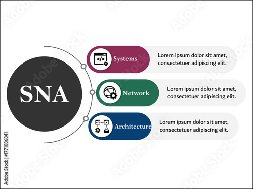 SNA - System Network architecture acronym. Infographic template with icons and description placeholder