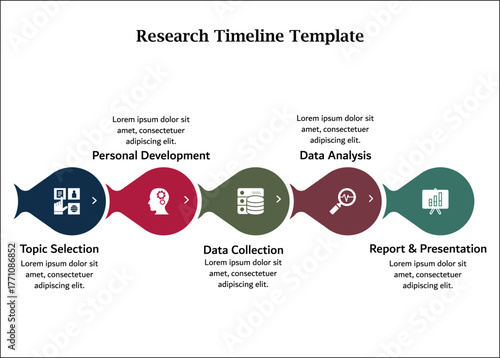 Research Timeline template. Infographic template with icons and description placeholder
