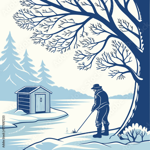 A man ice fishing near a hut under a tree