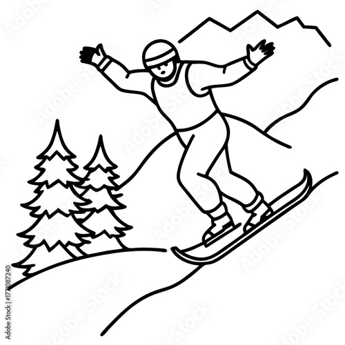 A snowboarder is riding down a snowy mountain