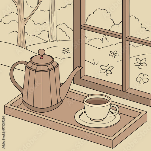 A teapot and a cup of tea on a tray near the window illustration