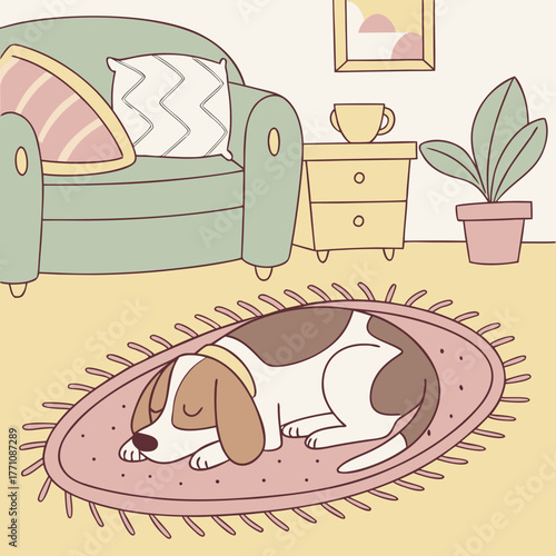 Beagle puppy is sleeping on a pink rug in a cozy living room setting