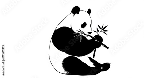 A panda sitting and eating bamboo leaves in a black and white illustration with a simple design style