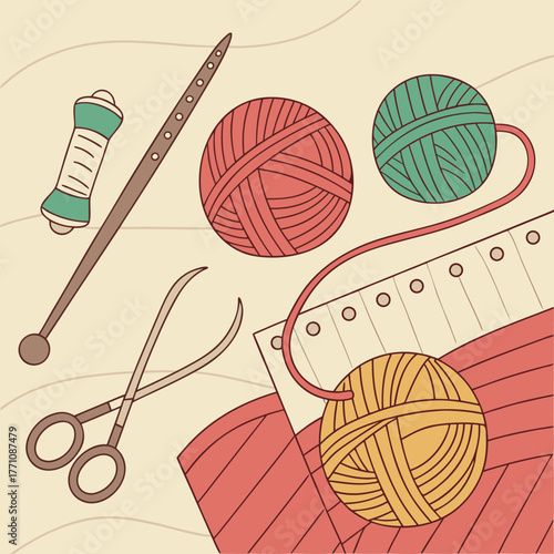 Illustration of knitting supplies with yarn, needles, and scissors