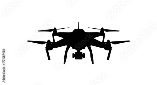 Silhouette of a drone with four propellers and a camera mounted underneath on a white background