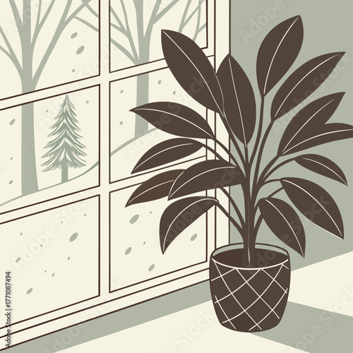 Indoor plant in a pot near a window with snow falling outside