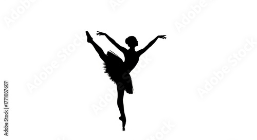 Silhouette of a ballerina in a tutu performing a ballet pose with one leg raised and arms extended gracefully