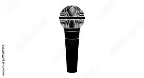 A microphone stands tall with its mesh head and sleek black body in a simple graphic illustration
