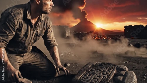 Man Brushing Ancient Stone Tablet Near Erupting Volcano at Sunset