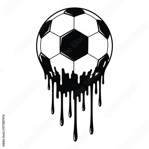 Melting black and white soccer ball dripping ink