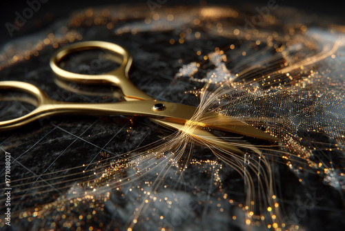 Golden scissors sever a stream of luminous data fibers over a world map, symbolizing tech decoupling, information disruption, and deglobalization.