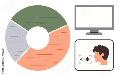 Pie chart with three segments, computer screen, and profile view of a person with voice recognition waves. Ideal for analytics, data management, AI technology, communication, research, education