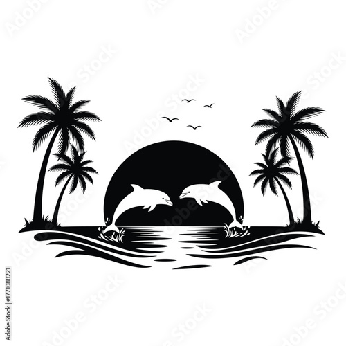 Two dolphins jumping over water with palm trees and sunset silhouette