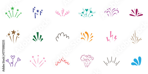 line sparkle vector set, comic style decorative lines, burst effects, and dynamic radial patterns. Hand drawn pop surprise line frame for title headline illustration. Doodle vector illustration. 