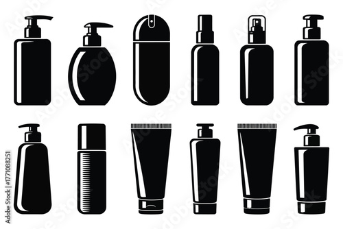 Set of silhouetted cosmetic and skincare bottles and tubes illustration in flat vector style, minimalist beauty packaging icons isolated on white background