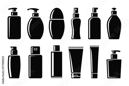 Set of silhouetted cosmetic and skincare bottles and tubes illustration in flat vector style, minimalist beauty packaging icons isolated on white background